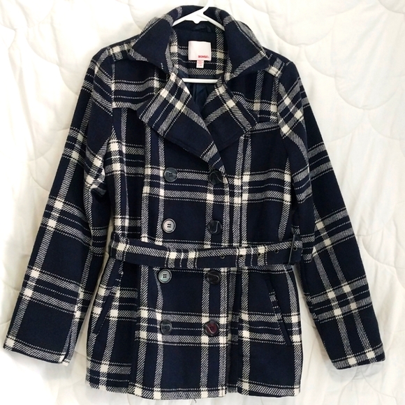 BONGO Jackets & Blazers - Bongo Womens Large Belted Brushed Soft Button-Down Plaid Navy Blue White Jacket